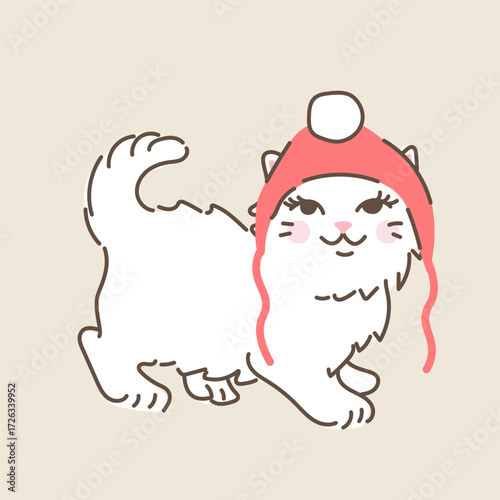 Cute Christmas white fluffy cat in red bonnet hat. Hand drawn vector illustration in vintage style. Funny retro pet character card template. Holiday winter kitty isolated.