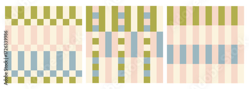 Set of cute retro geometric seamless patterns. Vintage flannel baby blanket print. Vector plaid illustration. Aesthetic minimalists checkered background.