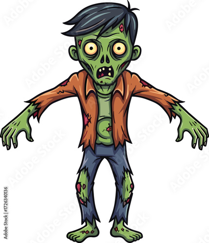Cartoon zombie character with green skin, yellow eyes, tattered clothes, Halloween horror illustration, spooky undead monster for scary themed content