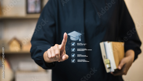 Obraz na płótnie Academic Checklist with Graduation Cap Hologram by Student