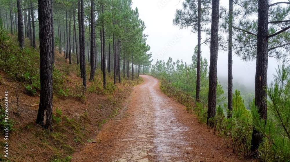 Obraz premium Scenic forest path surrounded by misty pine trees in soft morning light, perfect for nature lovers