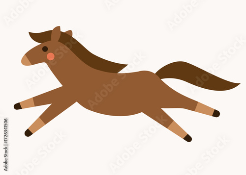 Cute brown bay horse running happily. Hand drawn flat vector illustration. Funny animal isolated on white. 2026 Lunar New year design.Cool comic farm character, kids poster, card, social media banner.