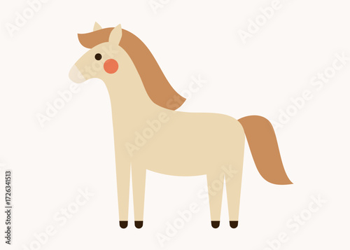 Cute cream horse with brown mane. Hand drawn flat vector illustration. Funny animal isolated on white. 2026 Lunar New year design. Cool comic farm character, kids poster, card, social media banner.