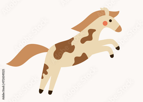 Cute pinto horse jumping happily. Hand drawn flat vector illustration. Funny animal isolated on white. 2026 Lunar New year design. Cool comic farm character, kids poster, card, social media banner.