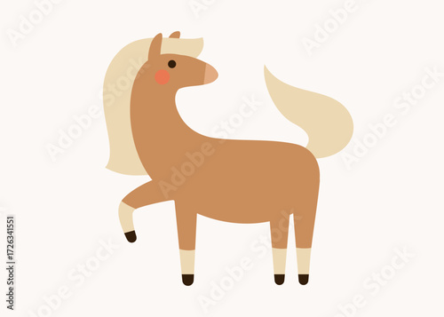 Cute brown horse with blonde mane. Hand drawn flat vector illustration. Funny animal isolated on white. 2026 Lunar New year design. Cool comic farm character, kids poster, card, social media banner.