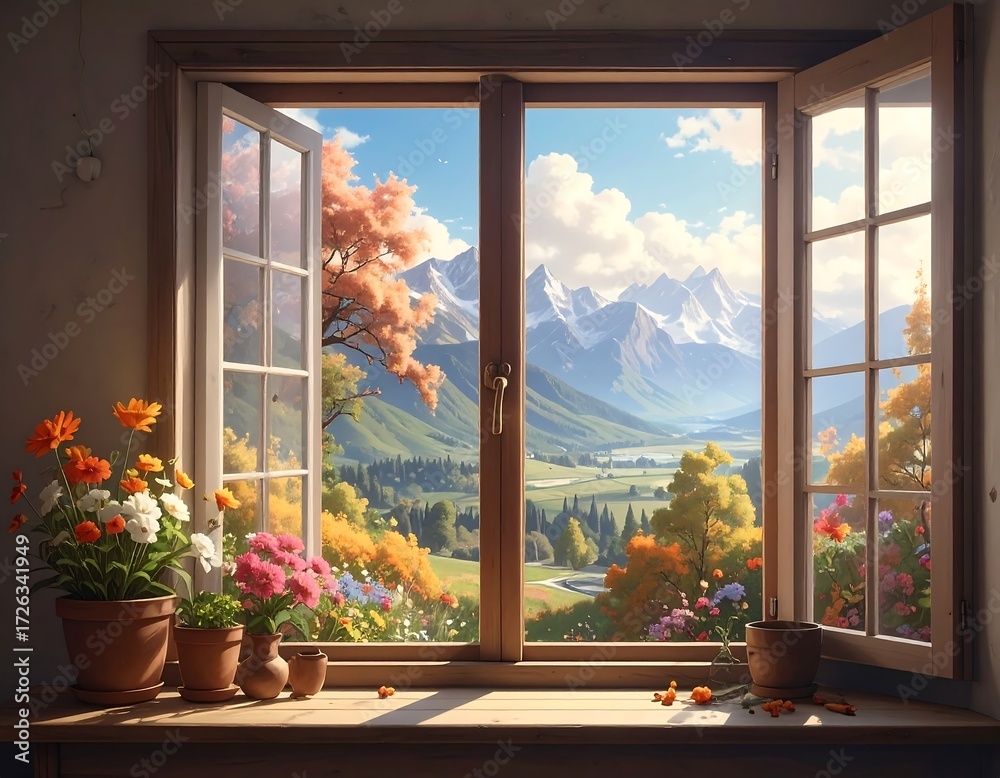 Obraz premium Tranquil Mountain View from a Cozy Window