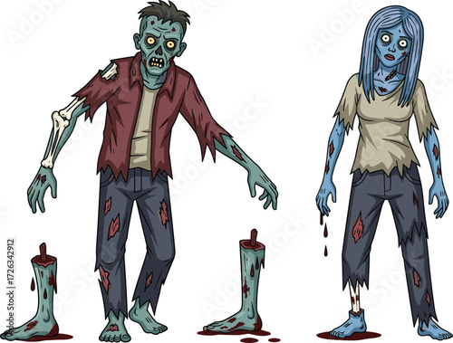 Cartoon zombie characters, horror undead illustration, Halloween scary artwork, creepy monster drawing, spooky fantasy design, gory walking dead concept, vector