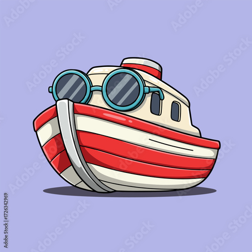 A cartoon boat with blue sunglasses and a striped hull floats playfully on a light purple background, perfect for cheerful kids' content.