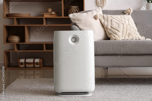 Air purifier on carpet near...