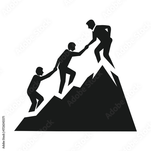 Teamwork concept showing people helping each other to climb a mountain isolated on white background, vector illustration