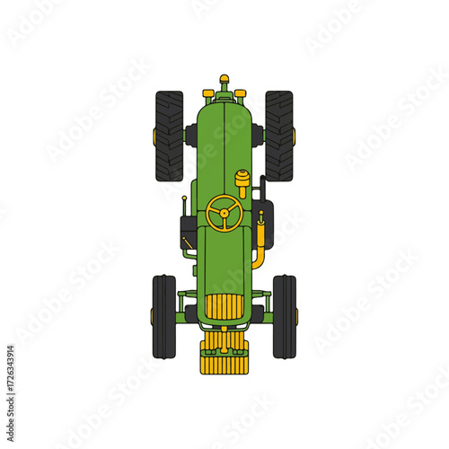 Vintage Farm Tractor, Top View, Flat Style