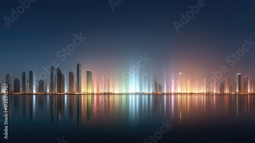 Vibrant Night Cityscape with Glowing Lights and Modern Skyscrapers Reflected in Water