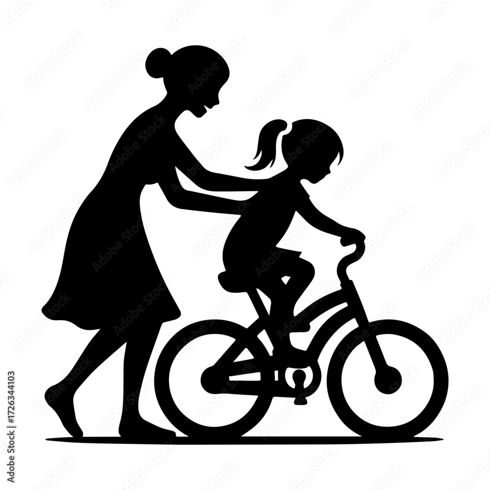 Fototapeta premium Modern Minimalist Woman Helping Child Ride Bicycle Icon, Flat Silhouette of a Parenthood Vector for Outdoor Illustration Design