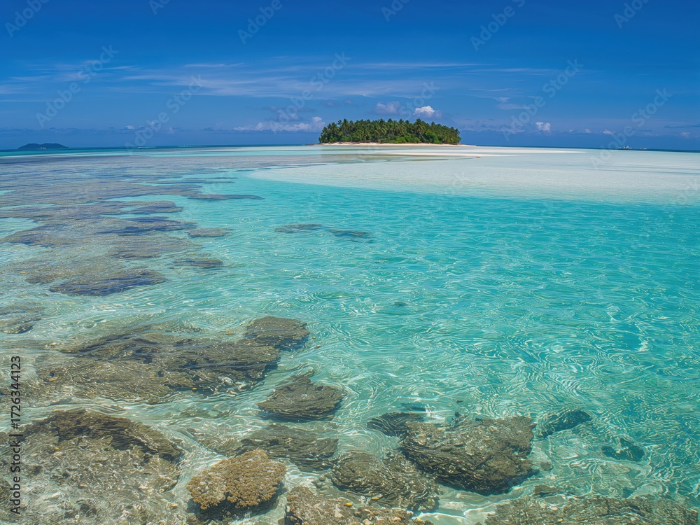 Obraz premium Lush tropical island surrounded by clear turquoise waters and vibrant coral reefs under a bright blue sky