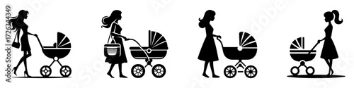 Modern Minimalist Woman Holding Baby Stroller Icon, Flat Silhouette of a Parenthood Vector for Family Illustration Design
