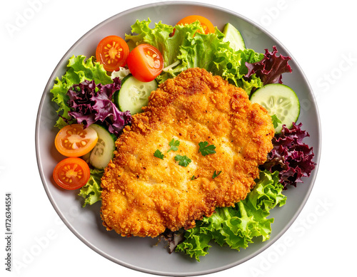 Top-Down View of Chicken Schnitzel with Salad, Artistic Plate Arrangement, isolated on transparent background PNG