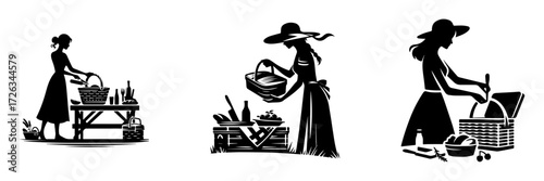 Modern Minimalist Woman Preparing Picnic Basket Icon, Flat Silhouette of a Mother Vector for Outdoor and Family Illustration Design