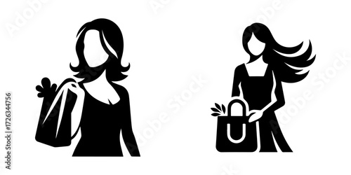 Modern Minimalist Woman Carrying Shopping Bags Icon, Flat Silhouette of a Female Shopper Vector for Lifestyle Illustration Design