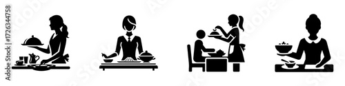 Modern Minimalist Woman Serving Food Icon, Flat Silhouette of a Female Host Vector for Dining Illustration Design