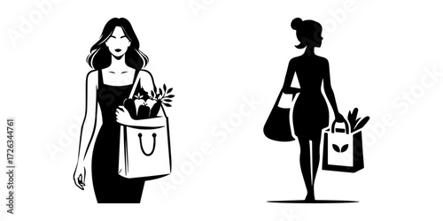Modern Minimalist Woman Carrying Grocery Bag Icon, Flat Silhouette of a Female Shopper Vector for Market Illustration Design
