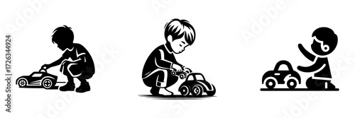 Modern Minimalist Boy Playing With Toy Car Icon, Flat Silhouette of a Child Vector for Playful Illustration Design
