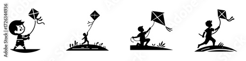 Modern Minimalist Boy Playing With Kite Icon, Flat Silhouette of a Child Vector for Outdoor Illustration Design