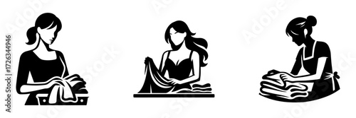 Modern Minimalist Woman Folding Clothes Icon, Flat Silhouette of a Female With Laundry Vector for Household Illustration Design