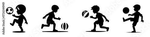 Modern Minimalist Boy Playing With Ball Icon, Flat Silhouette of a Child Vector for Sports Illustration Design