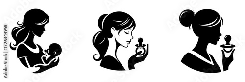 Modern Minimalist Woman Holding Baby Pacifier Icon, Flat Silhouette of a Mother With Infant Accessory Vector for Parenthood Illustration Design