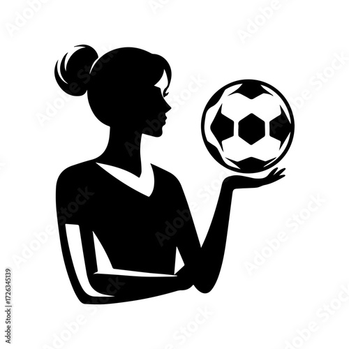 Modern Minimalist Woman Holding Soccer Ball Icon, Flat Silhouette of a Female With Sports Equipment Vector for Athletic Illustration Design