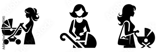 Modern Minimalist Woman Holding Stroller Handle Icon, Flat Silhouette of a Mother With Baby Carriage Vector for Parenthood Illustration Design