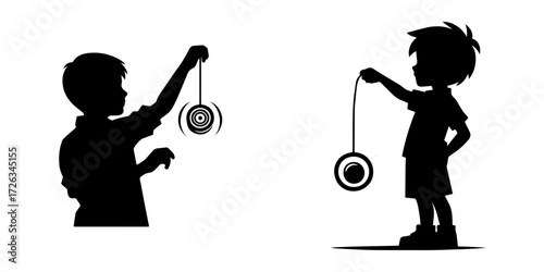 Modern Minimalist Boy Playing With Yo Yo Icon, Flat Silhouette of a Child Vector for Fun Illustration Design