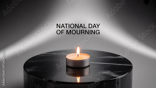 A lit candle on a black reflective surface with the text 'NATIONAL DAY OF MOURNING' displayed above, symbolizing remembrance and solemnity.