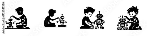 Modern Minimalist Boy Playing With A Toy Robot Icon, Flat Silhouette of a Child Vector for Fun Illustration Design