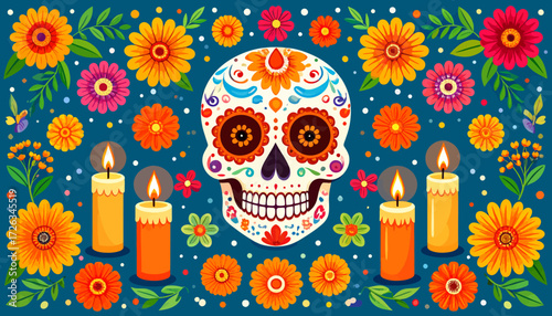 Colorful Day of the Dead skull with flowers and candles illustration.