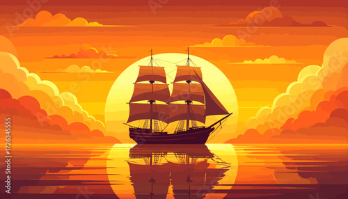Sailing ship at sunset with reflection in the water, vector illustration.