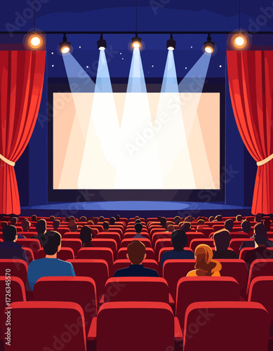 Illustration of a movie theater with a blank screen and rows of red seats filled with people.
