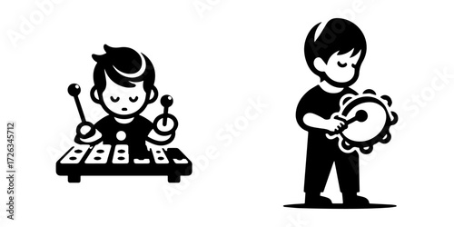 Modern Minimalist Boy Playing With Musical Instruments Icon, Flat Silhouette of a Child Vector for Fun Illustration Design