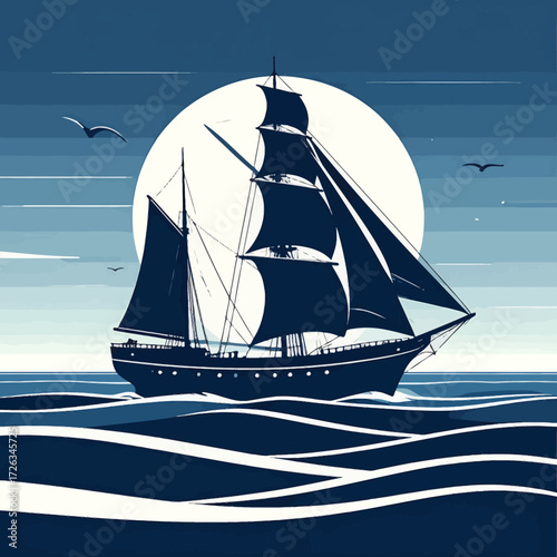 Sailing ship at sea with full sails against a large moon.
