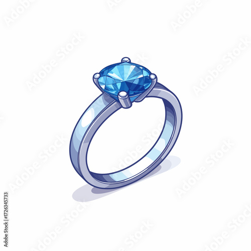 Illustration of a silver ring with a blue gemstone on a white background.