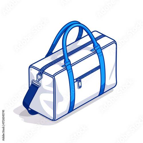 Isometric white duffel bag with blue straps and zippers, isolated.