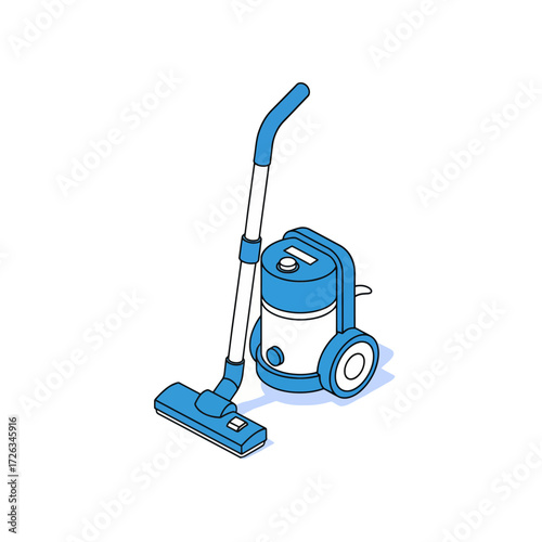 Isometric illustration of a blue canister vacuum cleaner on a white background.