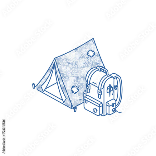Illustration of a tent and backpack, camping equipment, blue line art.