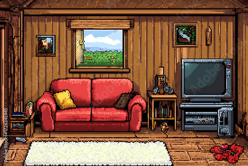 Pixel art living room with a red sofa, tv, wooden walls and a view of green fields through the window.