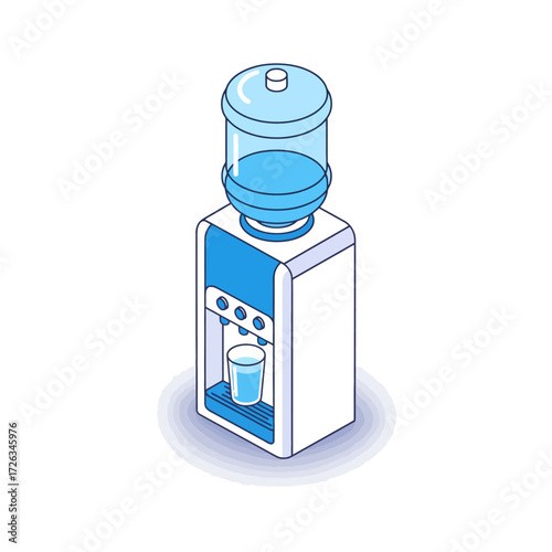 Isometric water cooler with cup, dispenser, and bottle of water.