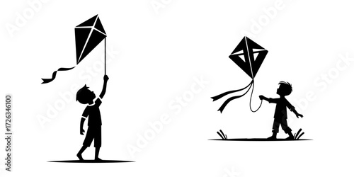 Modern Minimalist Boy Playing With Paper Kite Icon, Flat Silhouette of a Child Vector for Outdoor Illustration Design