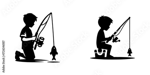 Modern Minimalist Boy Playing With Toy Fishing Rod Icon, Flat Silhouette of a Child Vector for Outdoor Illustration Design