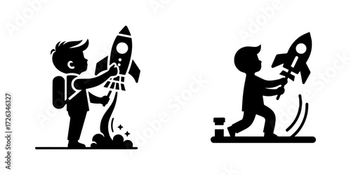 Modern Minimalist Boy Playing With Toy Rocket Icon, Flat Silhouette of a Child Vector for Space Illustration Design