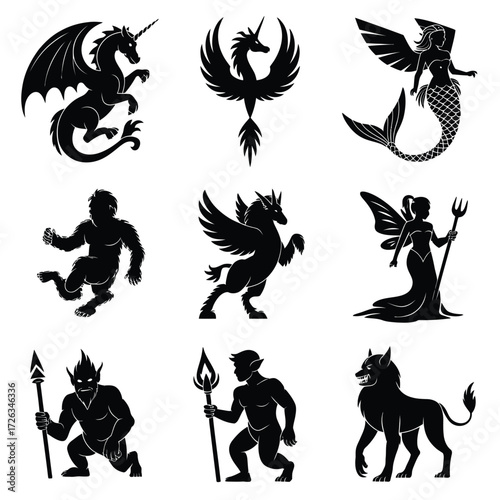 Diverse fantasy creature silhouettes vector collection magical mythological beings scalable eps illustration vector