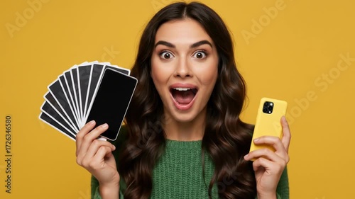 A surprised woman holding cards and a smartphone against a yellow background.
